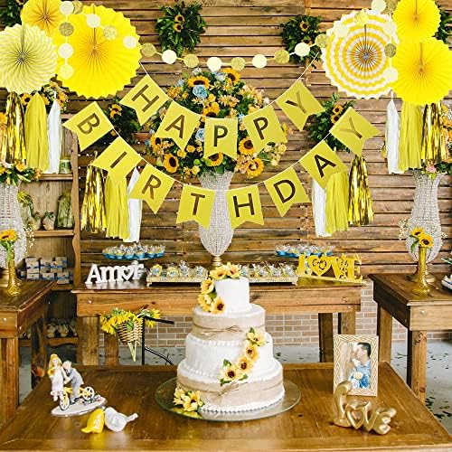 Жълто украса за парти по случай рождения Ден - 6 Висящи Вентилатори, Банер за рожден Ден, Декоративна Кръгла Венец полка точки и 12 Хартиени кисточек за парти по случа