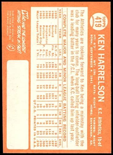 1964 Topps 419 Кен Харелсън Канзас Сити Атлетикс (бейзболна картичка) NM / MT Атлетикс