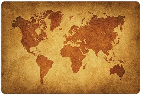 Foldout Подложка за домашни любимци с карта на света, за храна и вода, Ретро Ретро Фон с Карта на Света, Античната Историческа Карта на Земята в стил Бохо, Правоъгълен Не