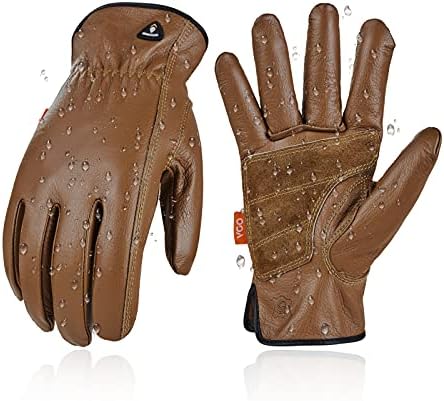 Вго... 1 Чифт Работни ръкавици от естествена телешка кожа, Без подплата, за Мъже, Водоустойчиви, с заплатками на дланта (Размер S, кафяв, CA9597WP)