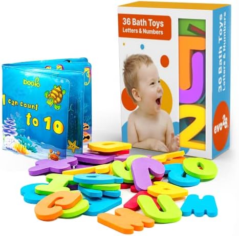 EVO28 Бебешки Играчки За Баня, Букви от Азбуката и Цифрите, с Надуваем Водоустойчива Книга, Играчки за Баня за Бебета, малки деца и деца,