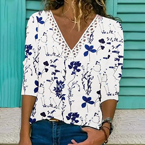 Блузи-Ризи за жени, Лейси Тениска с V-образно деколте и 3/4 ръкави, Летни Модни Ризи в стил Бохо с Цветен Модел, Модерни Елегантни Блузи, Потници