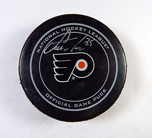 Стив Мейсън #35 Подписа хокей шайба Филаделфия Флайърс в НХЛ Авто AJ 273 - за Миене на НХЛ с автограф