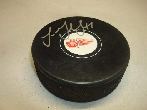 Люк Гленденинг подписа хокей шайба Детройт Ред Уингс с автограф от 1B - за Миене на НХЛ с автограф