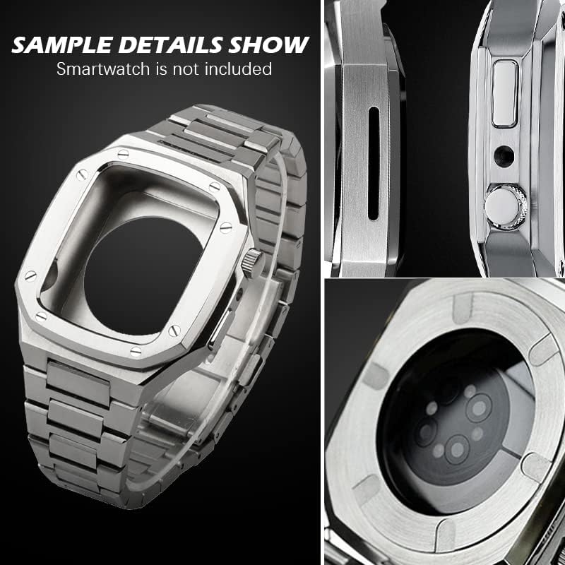 CNHKAU най-новият модел от неръждаема стомана за Apple Watch Band 7 44 мм 45 мм Благороден метал за iWatch Series 7 6 SE 5 41 мм 40 мм Комплект модификация Bezel (Цвят: сребрист диамант b, размер:
