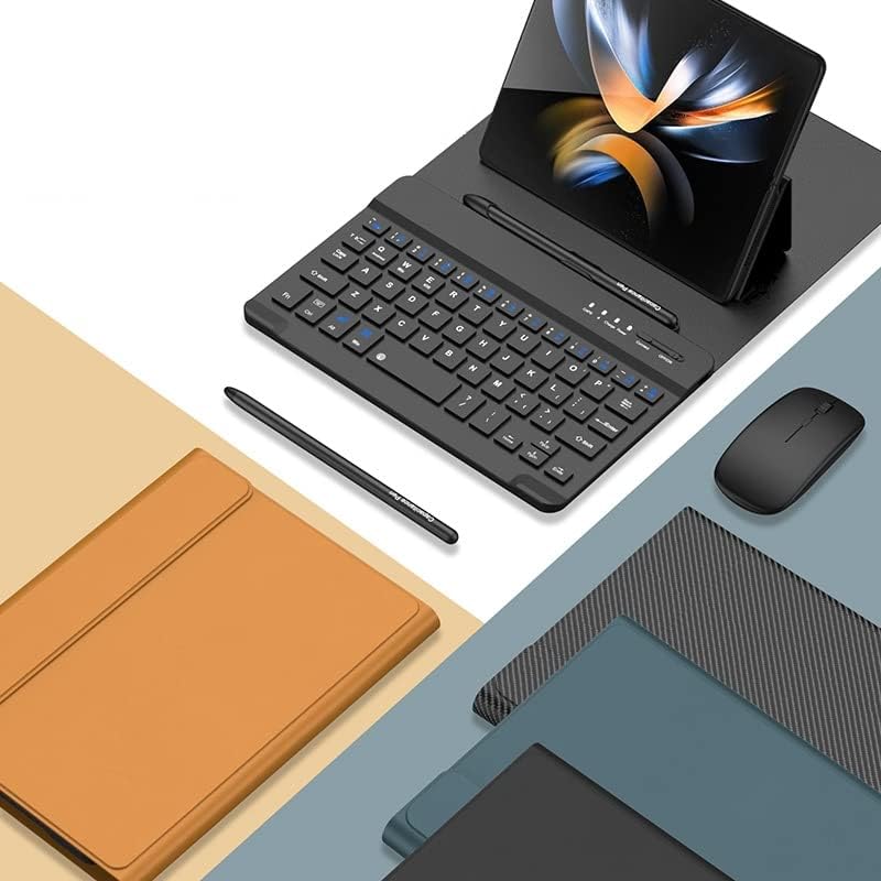Сгъваем Кожен Калъф с Писалка с безжична Bluetooth-мишка с Безжична клавиатура, Съвместима за Samsung Galaxy Z Fold 4/Fold 3 (райе)