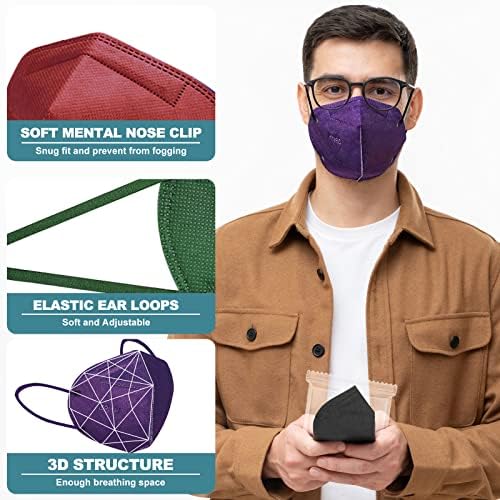 Маски за лице KN95 за възрастен, 60 опаковки, в индивидуална опаковка, 5-слойни Цветни маски KN95 за жени и мъже, Дишащи и удобни, за Еднократна употреба маска с регулируем