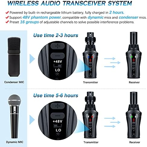 Безжичен микрофон система KIMAFUN, Безжичен UHF XLR аудиопередатчик и XLR приемник за динамичен микрофон, фантомное хранене 48 за конденсаторного микрофон, Съвместим с ауд?