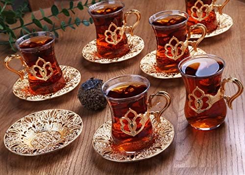 Набор от Турски Арабски Чаени Чаши LaModaHome от 6 броя с Притежатели на Златни и Чинии - Необичайна Ретро Комплект Ръчно изработени