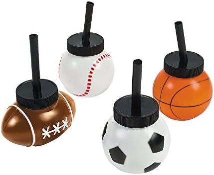 Спортни Чаши за пиене, във формата на топка с соломинками - Комплект от 12 броя, всеки с капацитет 8 унции - Футболни, Баскетболни и бейзболни топки - Аксесоари за спорт