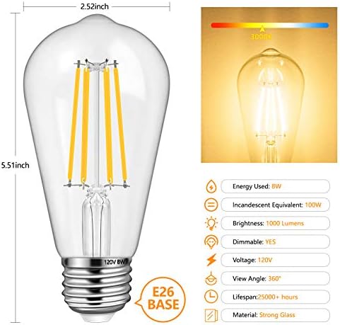 6 X led лампи Edison мощност 8 W, с регулируема яркост, което е еквивалента на 100 W, Реколта led лампи с нажежаема жичка ST64/ST21 капацитет