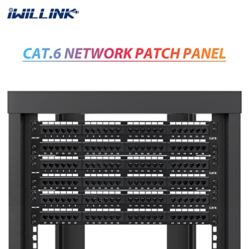 Комутираща панел iwillink с 48 порта премина панел Cat6 / Rj-45 мрежова премина панел 2u Utp 19 инча, черен. За монтиране в шкаф или на стена, което е съвместимо с кабели Cat6, Cat5e, Cat5.