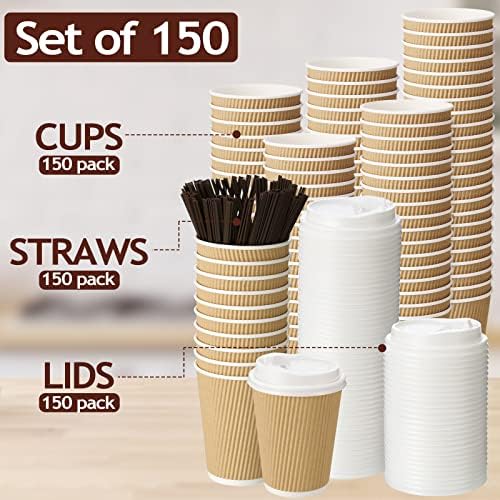 EBOOT 150 Опаковки за Еднократна употреба Кафеени Чаши с Капаци и соломинками, 12 мл, Чаша за горещо кафе от крафт-хартия, Множество,