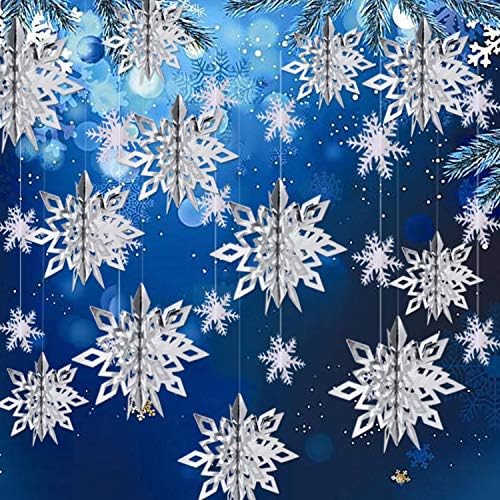 OuMuaMua Зимни Коледни Висящи Украса от Снежинки, 12ШТ 3D Големи Сребърни Снежинки и 12ШТ Бели Хартиени Снежинки, Подвесная Венец по време