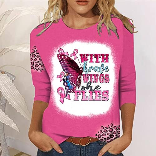 Дамски Ежедневни Тениска с кръгло Деколте и ръкав Три Четвърти От Принтом Рак на млечната жлеза, Блузи От Памук И Ликра, Тениска За Жени