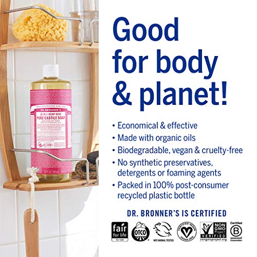 Течен сапун Dr. Bronner's -Pure-Castile (Розово, 32 унции) - Произведено на базата на органични масла, на 18 в 1. Приложение: За лице, тяло, коса, измиване, домашни любимци и посуда, Ко?