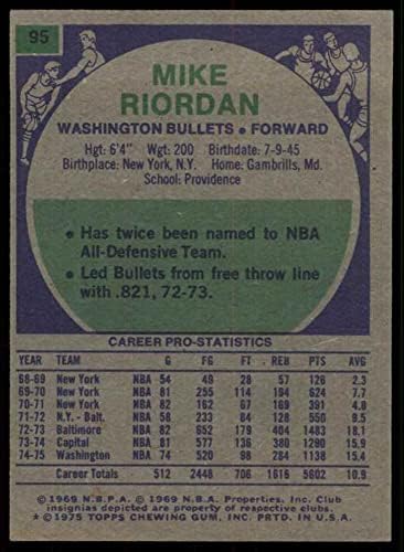 1975 Topps 95 Майк Риордан Вашингтон Буллетс (Уизардс) (Баскетболно карта) ТНА Буллетс (Уизардс) Колеж Провидънс