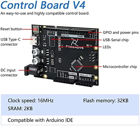 Такса за управление Freenove V4 (съвместим с Arduino IDE) с интерфейс USB Type-C, Подробни инструкции, примери на проекти и код